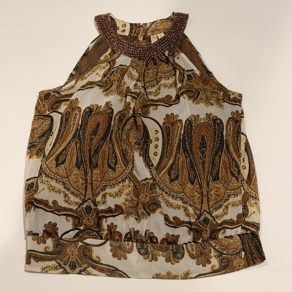 Adiva Women's Brown Boho Paisley Sleeveless Beaded Neck Blouse Top Size Large